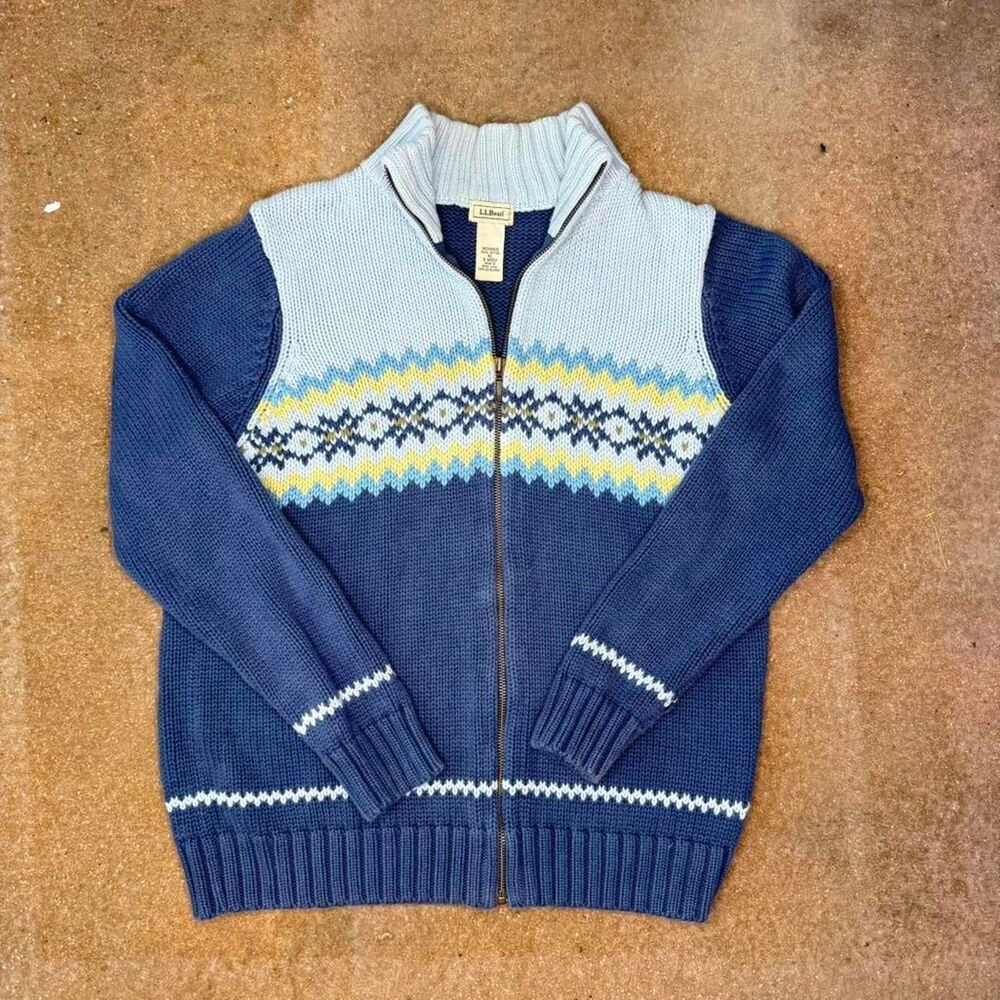 LL Bean Knit Zip Sweater Blue Fair Isle Pattern‎ Women’s XL Chunky Cotton